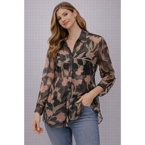 DR2 Sheer Floral Print Button Down Blouse‎ Top Women's Size Medium Black Pink